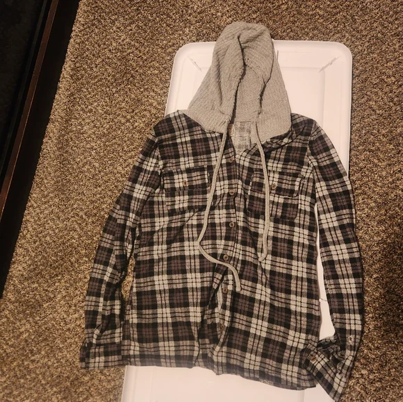 Plaid Hoodie Shirt with Gray Hood - Picture 1 of 4